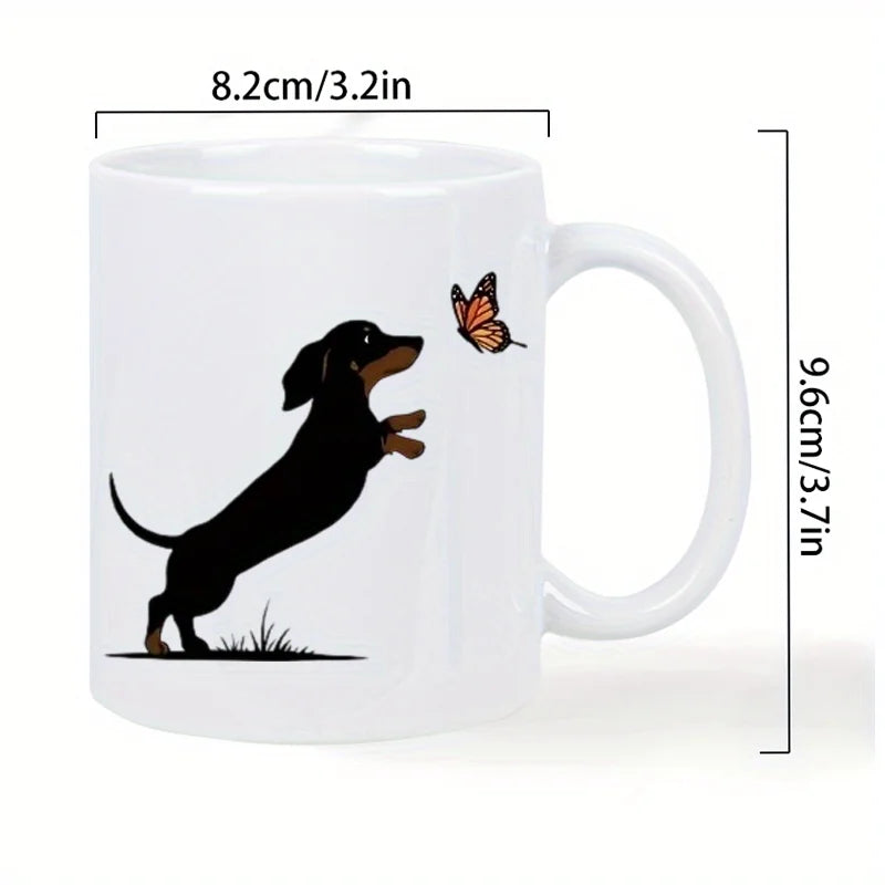 Cute Dachshund & Butterfly Ceramic Coffee Mug - White with Black Silhouette Design, Hand Wash Only, Reusable Gift for Dog Lovers