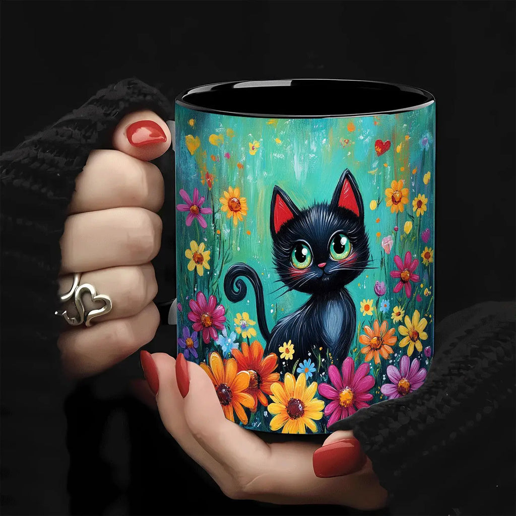 WhimsyCat 11oz Ceramic Coffee Mug with Floral Black Cat Design - Vibrant Multicolor Flowers, Durable Ceramic Cup for Home, Offic