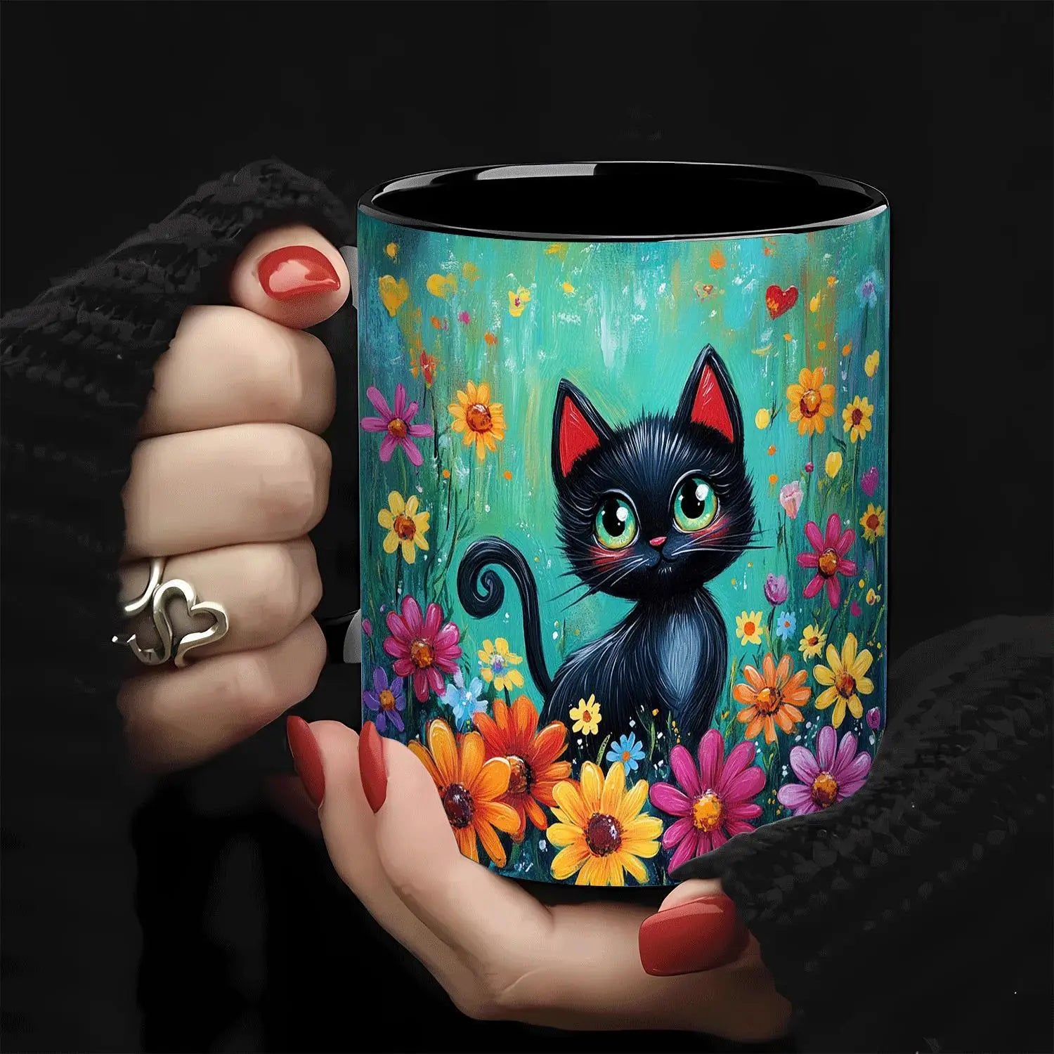 WhimsyCat 11oz Ceramic Coffee Mug with Floral Black Cat Design - Vibrant Multicolor Flowers, Durable Ceramic Cup for Home, Offic