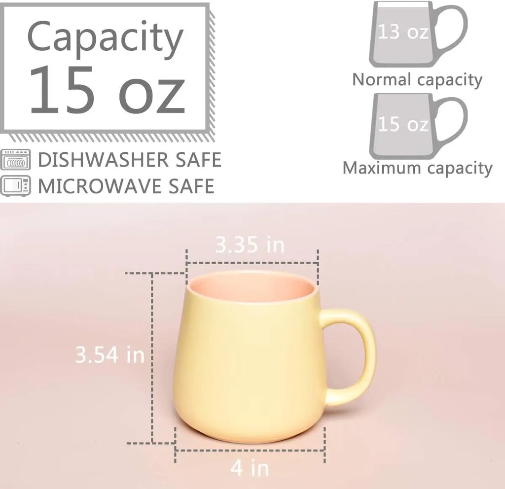 Matte Ceramic Coffee Cute Mug, Tea Cup for Office and Home, 15 oz, Dishwasher and Microwave Safe, 1 Pack (Yellow)