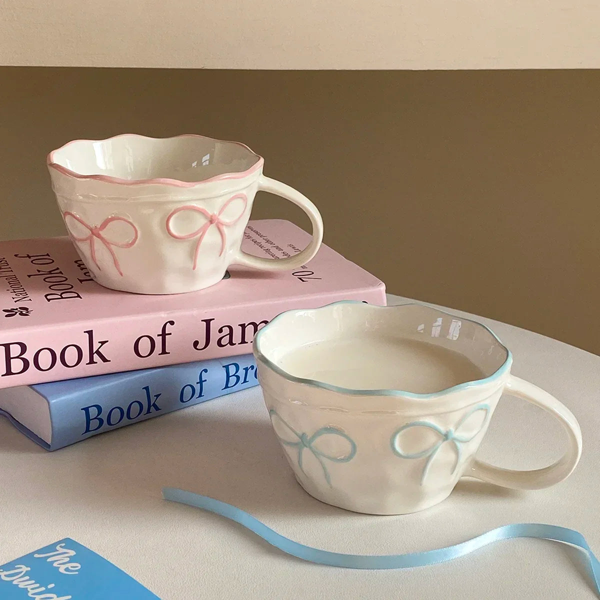 1Pc Bow Ceramic Mug, Exquisite and Simple Bow Large Capacity Couple Cup, Suitable for Home Decoration, Home Drinking Water, Cand